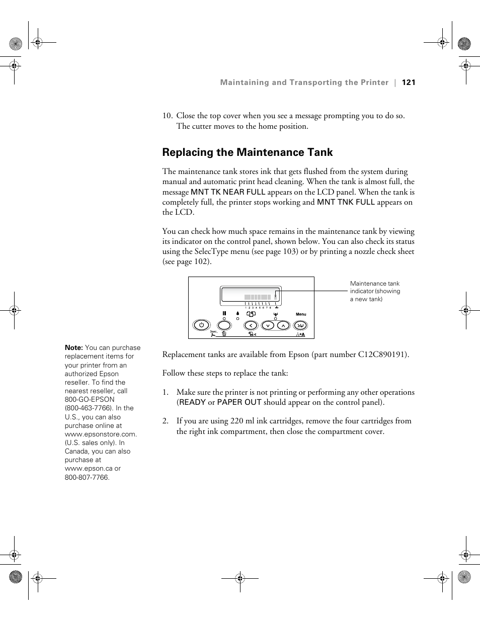 Replacing the maintenance tank | Epson PRO 4800 User Manual | Page 121 / 160