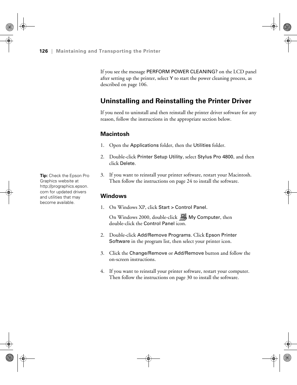 Uninstalling and reinstalling the printer driver, Macintosh, Windows | Macintosh windows | Epson PRO 4800 User Manual | Page 126 / 160