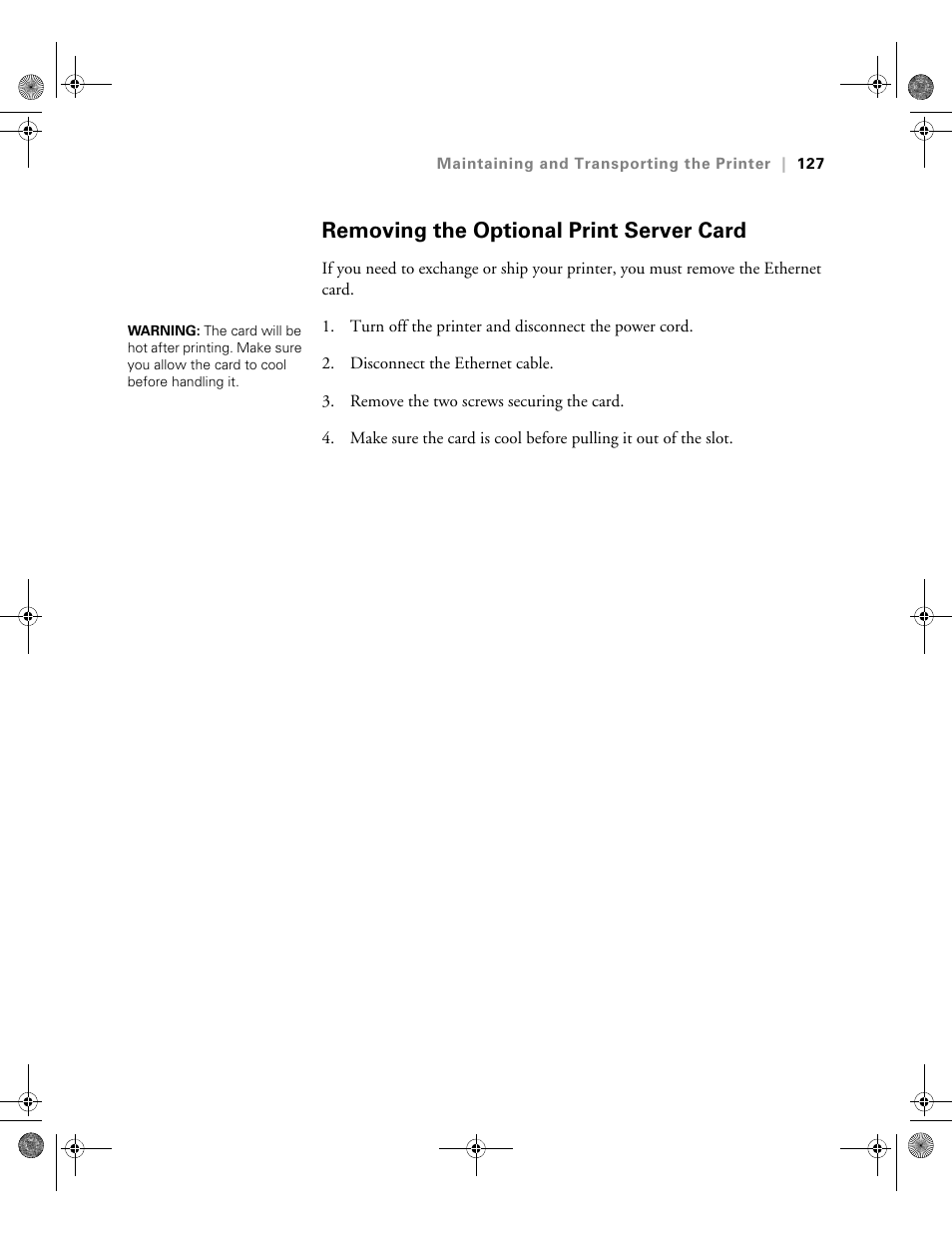 Removing the optional print server card | Epson PRO 4800 User Manual | Page 127 / 160