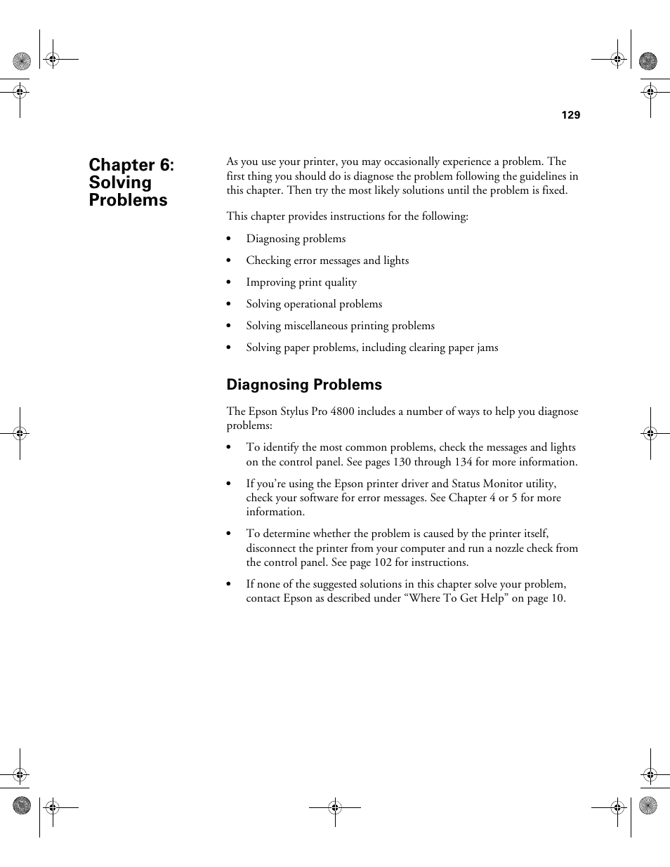 Chap 6-solving problems, Diagnosing problems, 6 solving problems | Chapter 6: solving problems | Epson PRO 4800 User Manual | Page 129 / 160