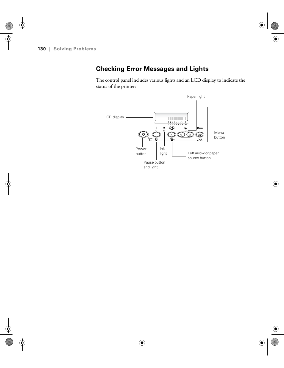 Checking error messages and lights | Epson PRO 4800 User Manual | Page 130 / 160