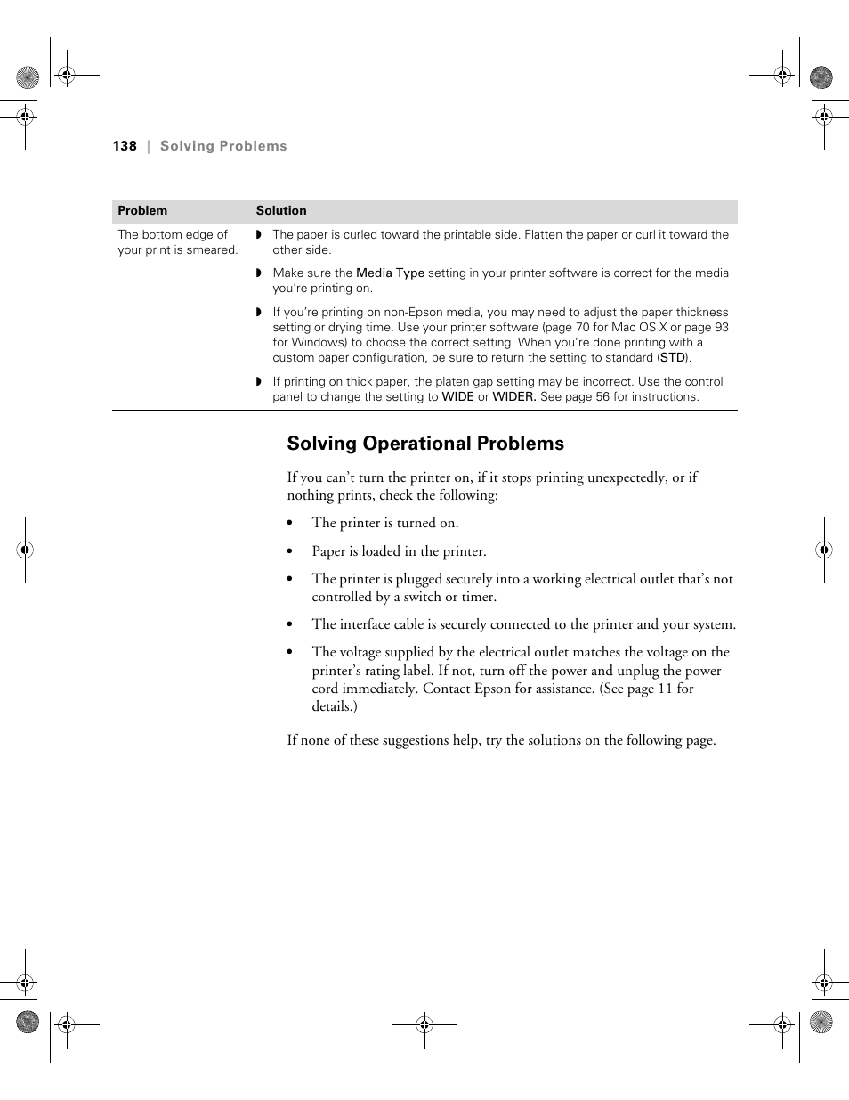 Solving operational problems | Epson PRO 4800 User Manual | Page 138 / 160