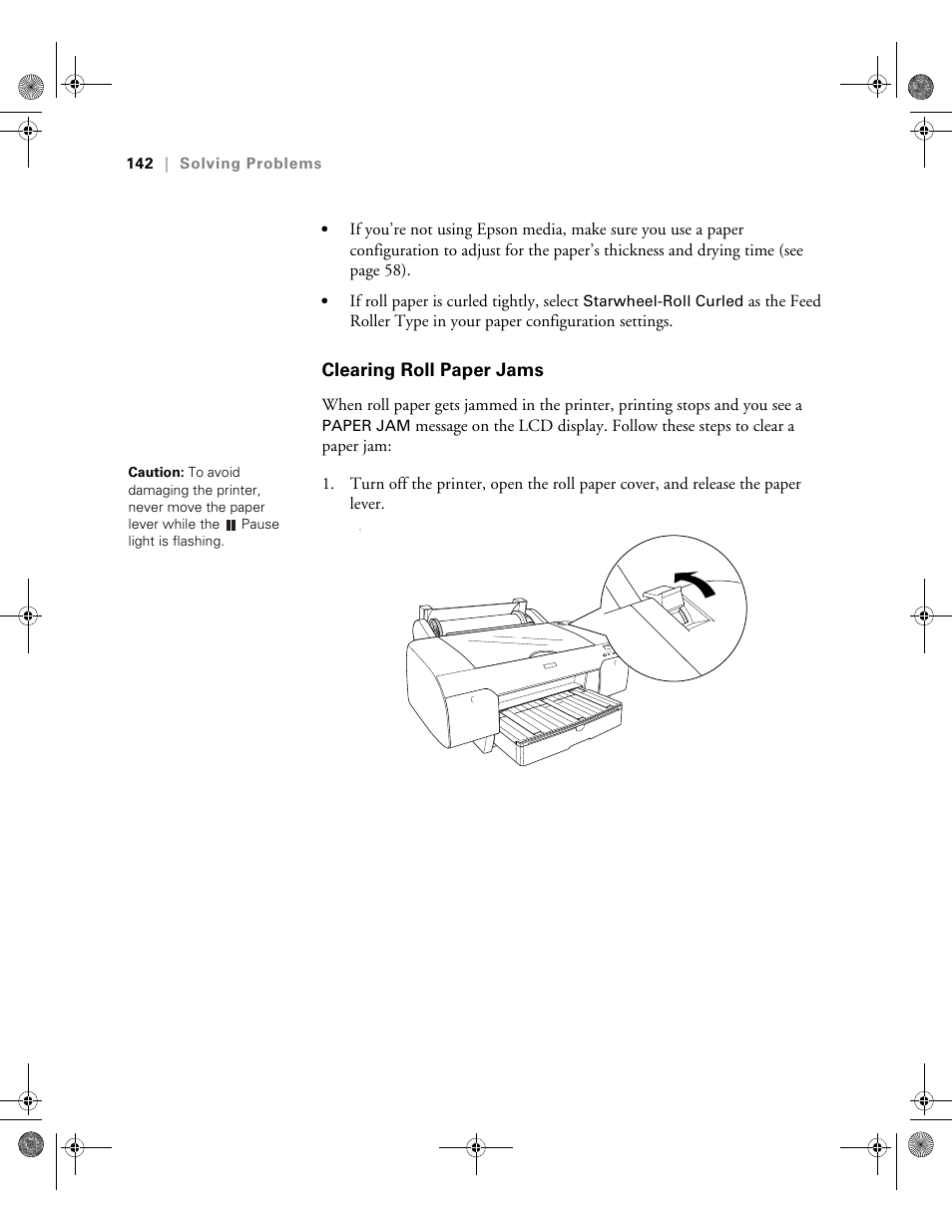 Clearing roll paper jams | Epson PRO 4800 User Manual | Page 142 / 160