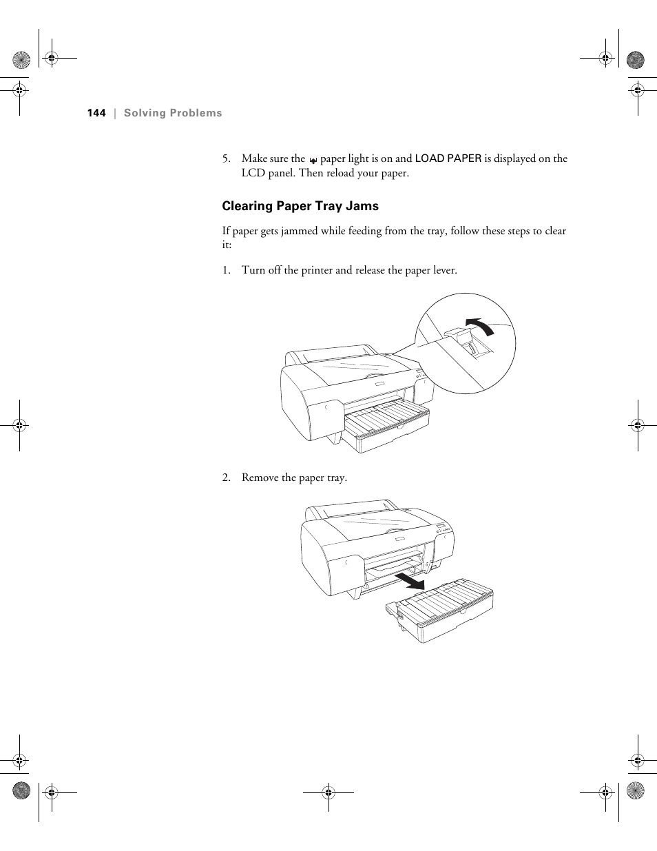 Clearing paper tray jams | Epson PRO 4800 User Manual | Page 144 / 160