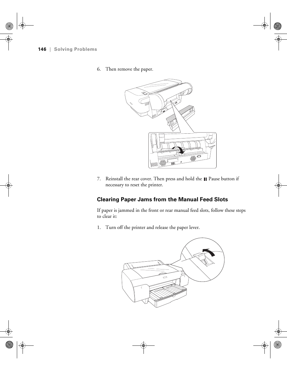 Clearing paper jams from the manual feed slots | Epson PRO 4800 User Manual | Page 146 / 160