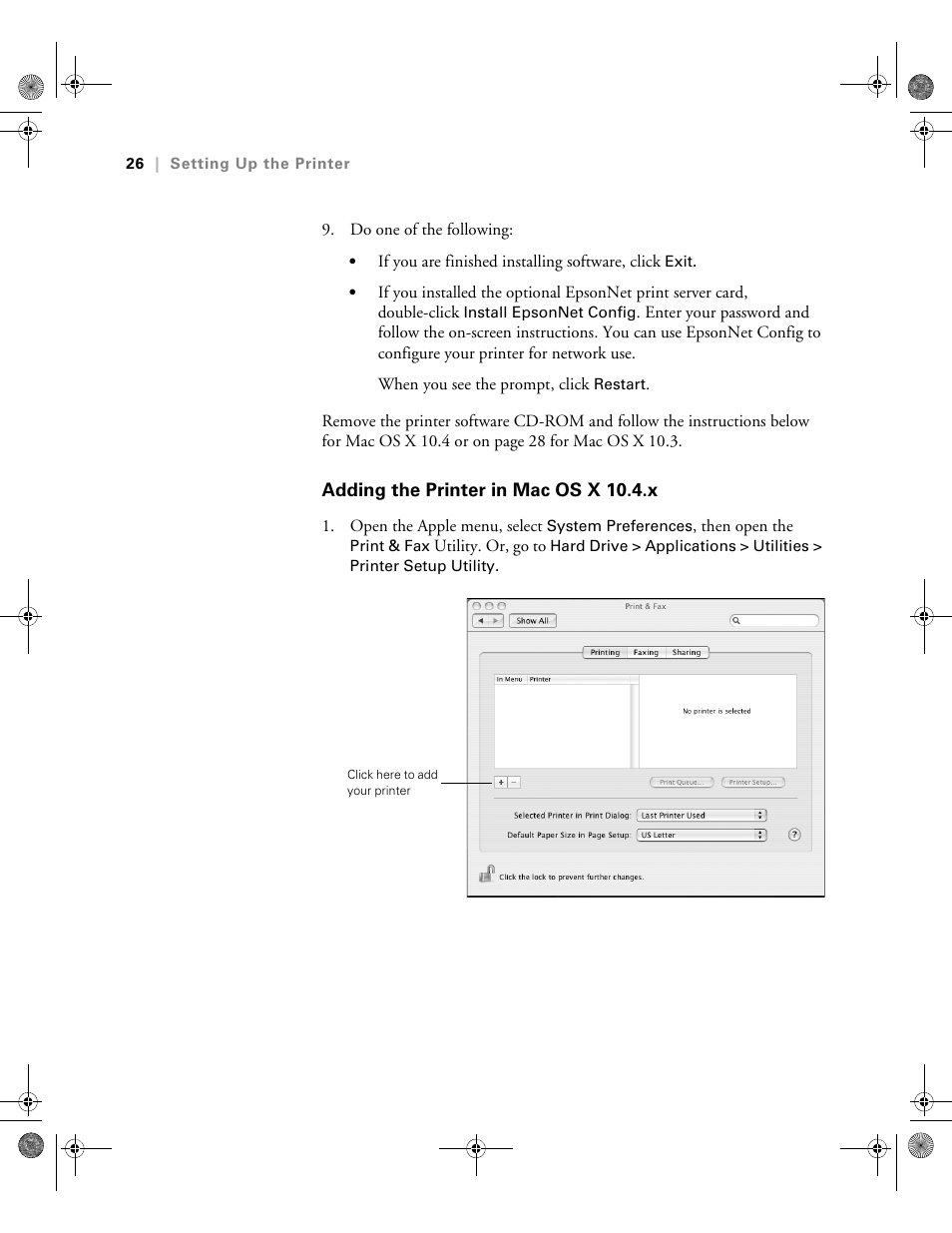 Adding the printer in mac os x 10.4.x | Epson PRO 4800 User Manual | Page 26 / 160