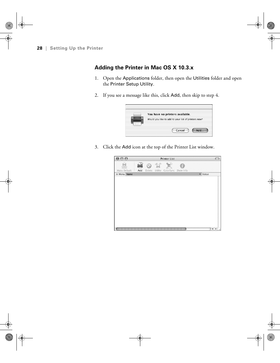 Adding the printer in mac os x 10.3.x | Epson PRO 4800 User Manual | Page 28 / 160