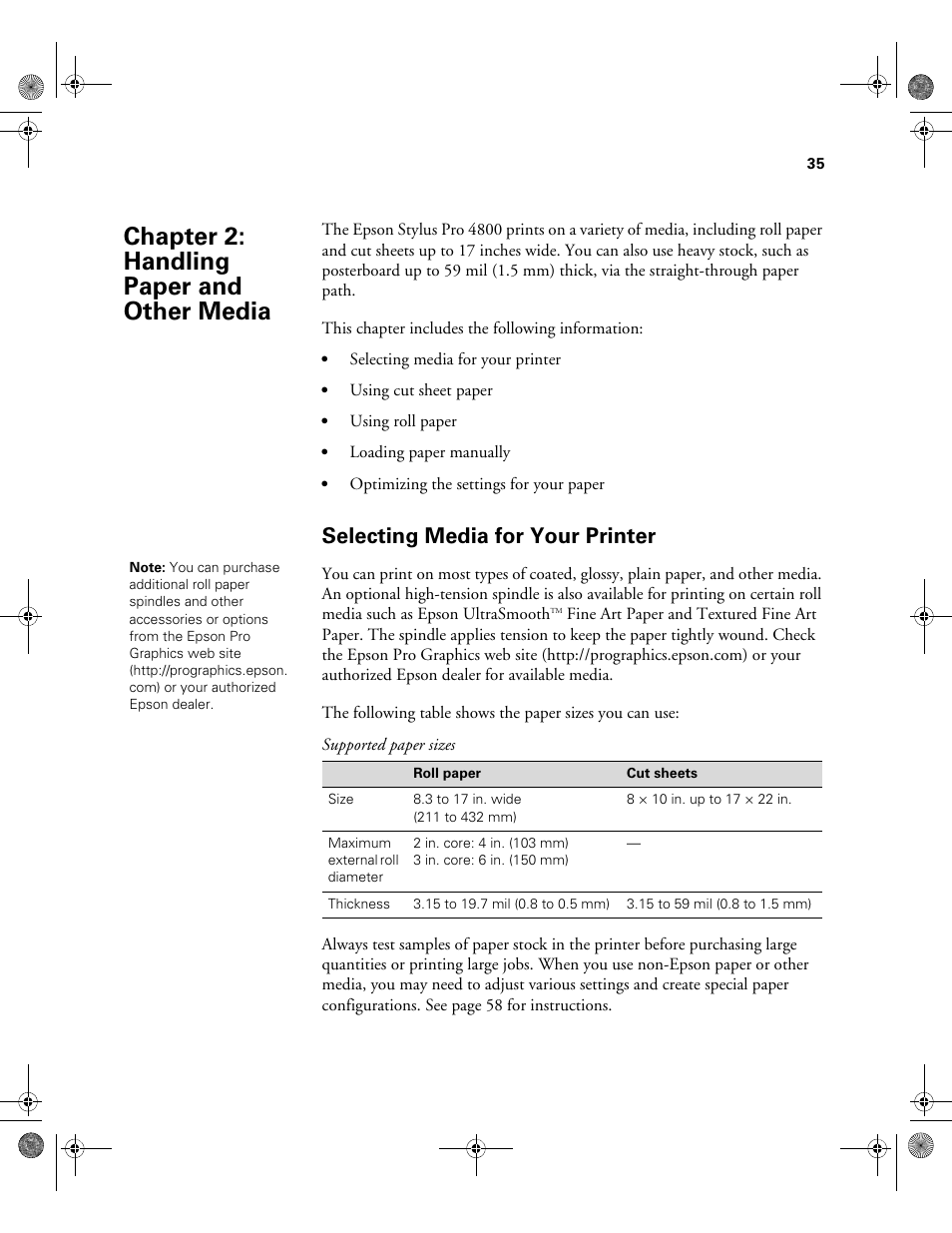 Chap 2-handling paper and other media, Selecting media for your printer, 2 handling paper and other media | Chapter 2: handling paper and other media | Epson PRO 4800 User Manual | Page 35 / 160