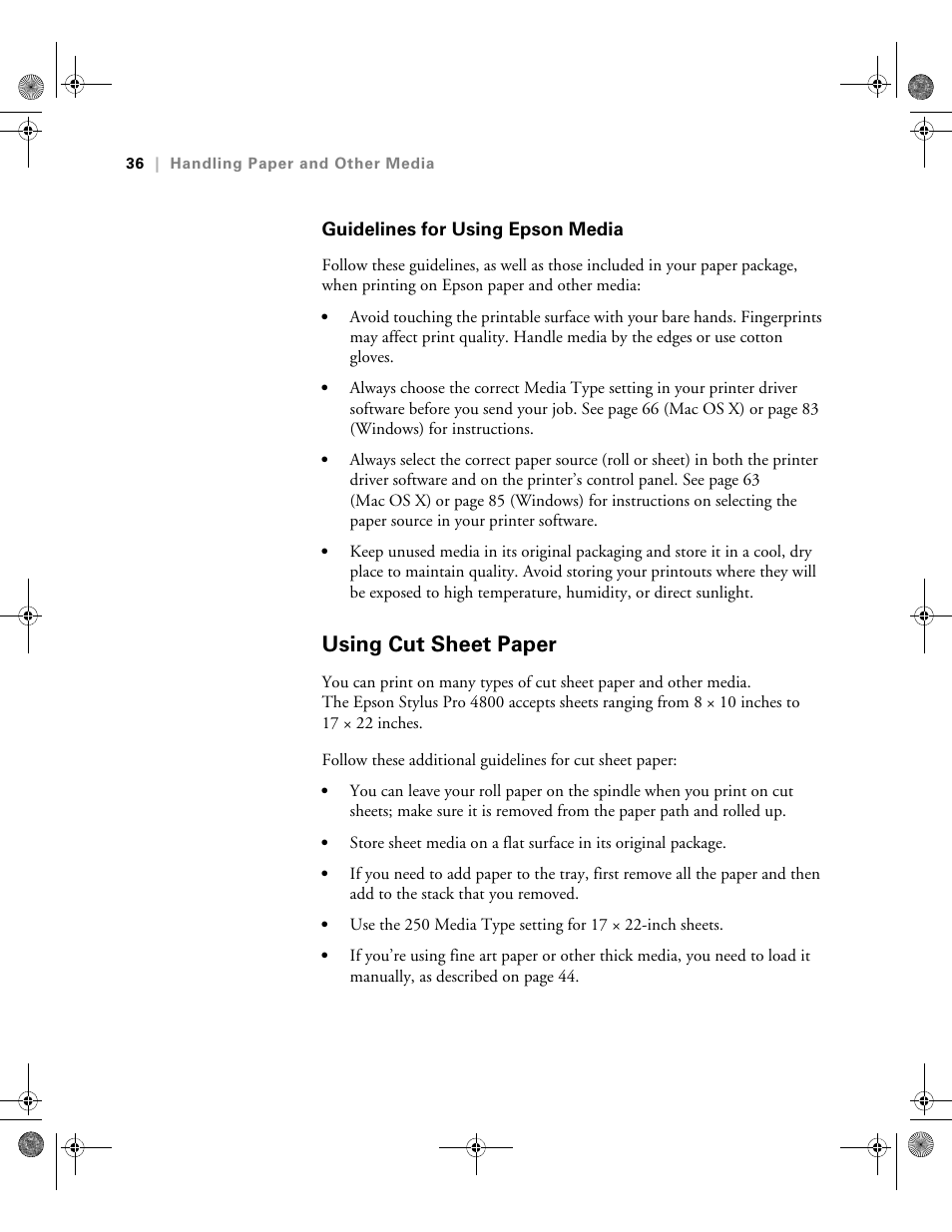 Guidelines for using epson media, Using cut sheet paper | Epson PRO 4800 User Manual | Page 36 / 160