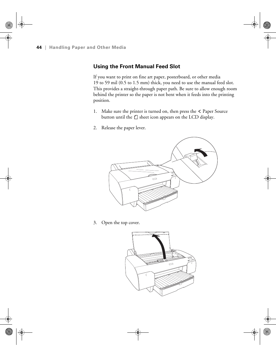 Using the front manual feed slot | Epson PRO 4800 User Manual | Page 44 / 160