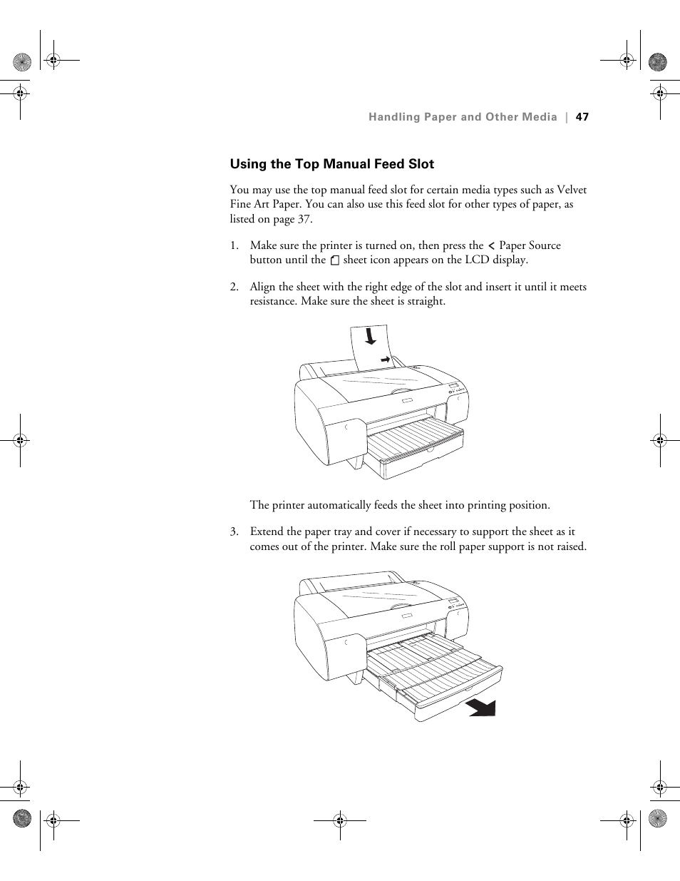 Using the top manual feed slot | Epson PRO 4800 User Manual | Page 47 / 160