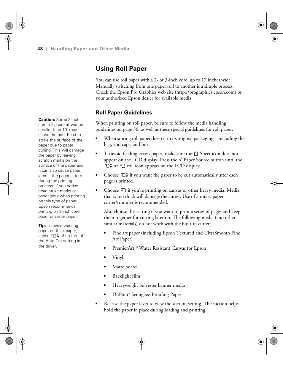 Using roll paper, Roll paper guidelines | Epson PRO 4800 User Manual | Page 48 / 160