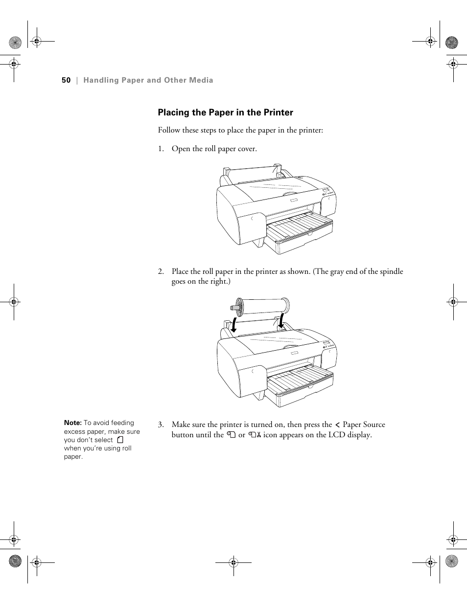 Placing the paper in the printer | Epson PRO 4800 User Manual | Page 50 / 160