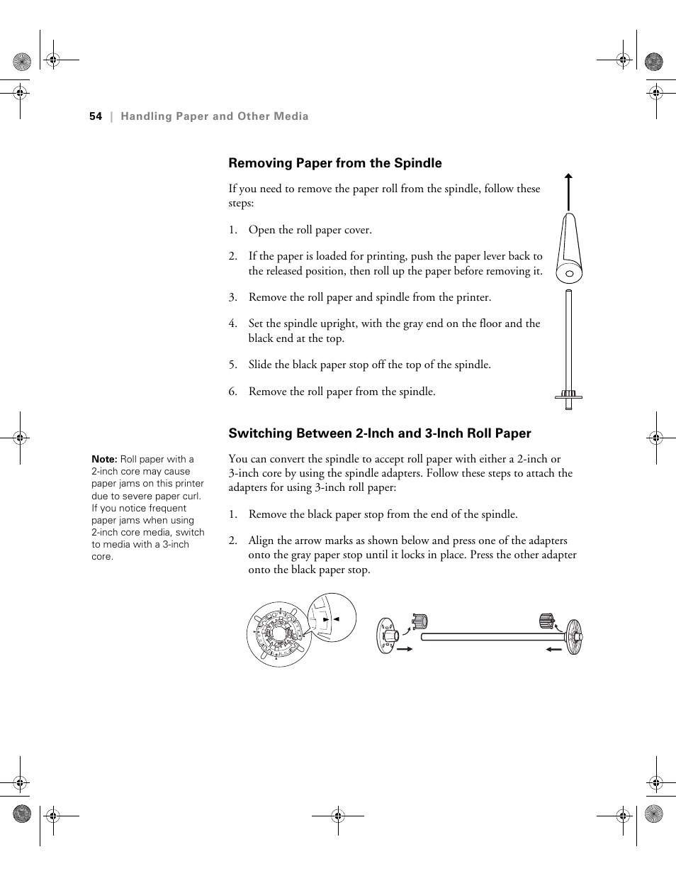 Removing paper from the spindle, Switching between 2-inch and 3-inch roll paper | Epson PRO 4800 User Manual | Page 54 / 160