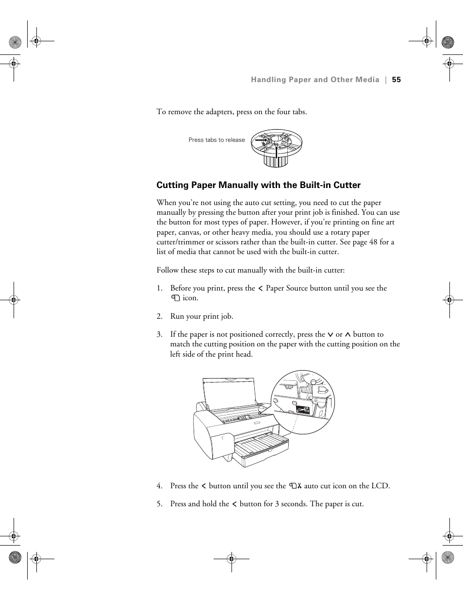 Cutting paper manually with the built-in cutter | Epson PRO 4800 User Manual | Page 55 / 160