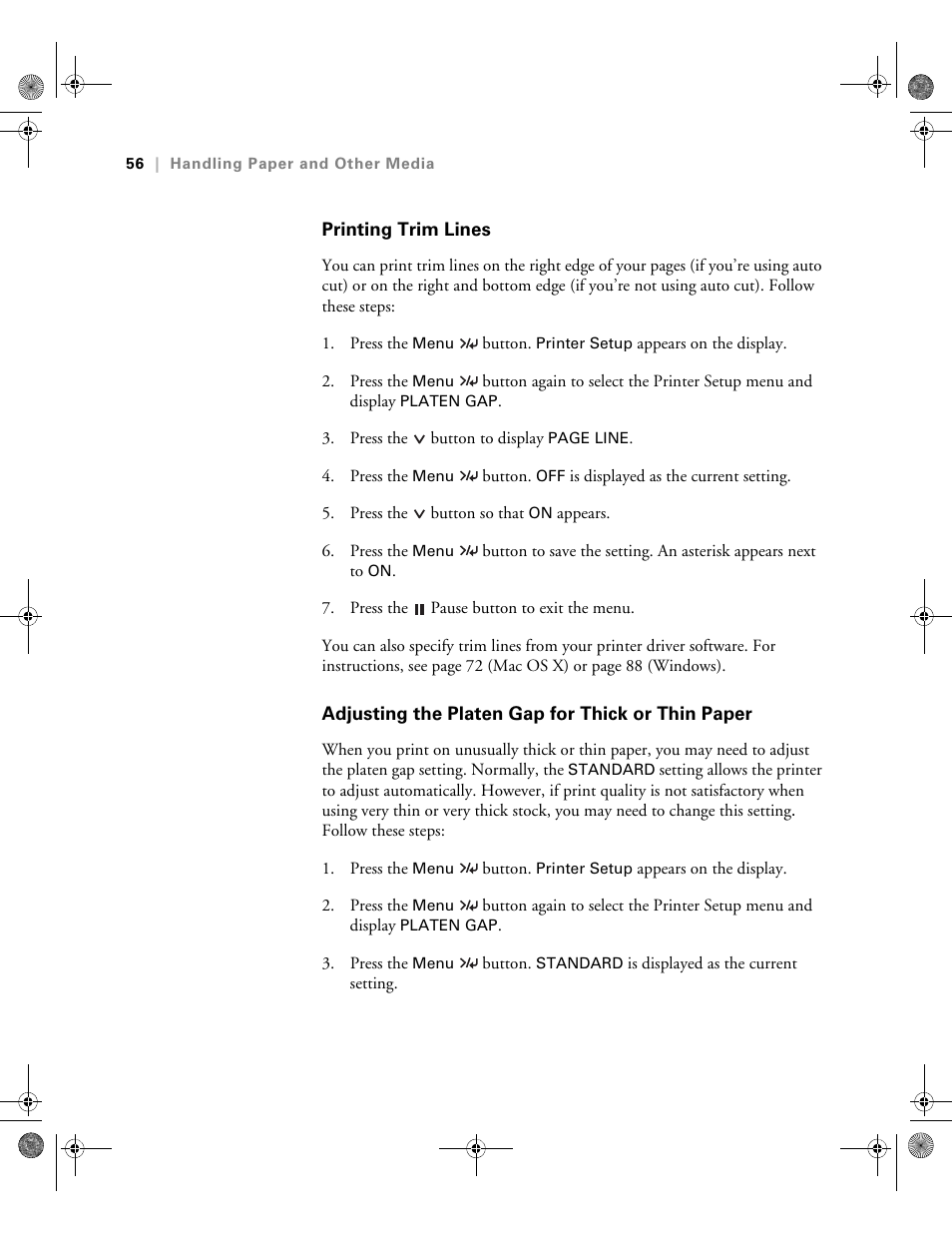 Printing trim lines, Adjusting the platen gap for thick or thin paper | Epson PRO 4800 User Manual | Page 56 / 160