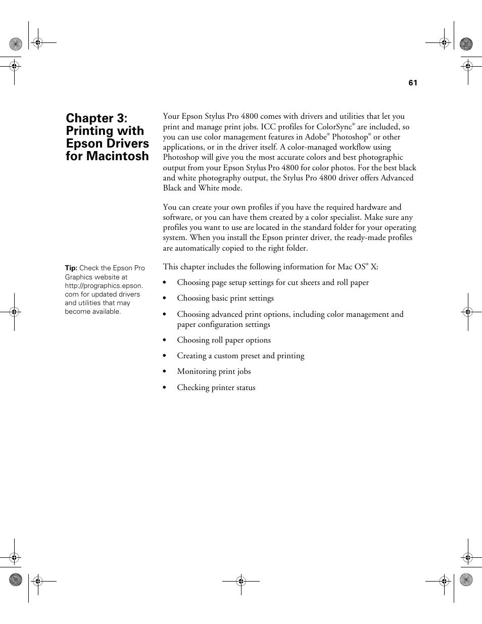 Chap 3-printing with epson drivers for macintosh, 3 printing with epson drivers for macintosh | Epson PRO 4800 User Manual | Page 61 / 160