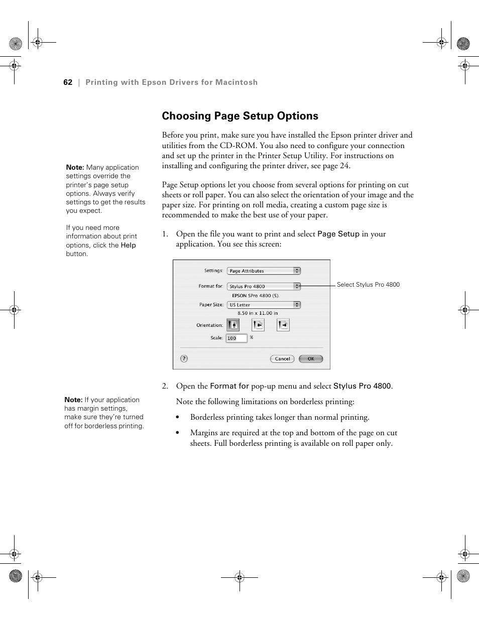 Choosing page setup options | Epson PRO 4800 User Manual | Page 62 / 160