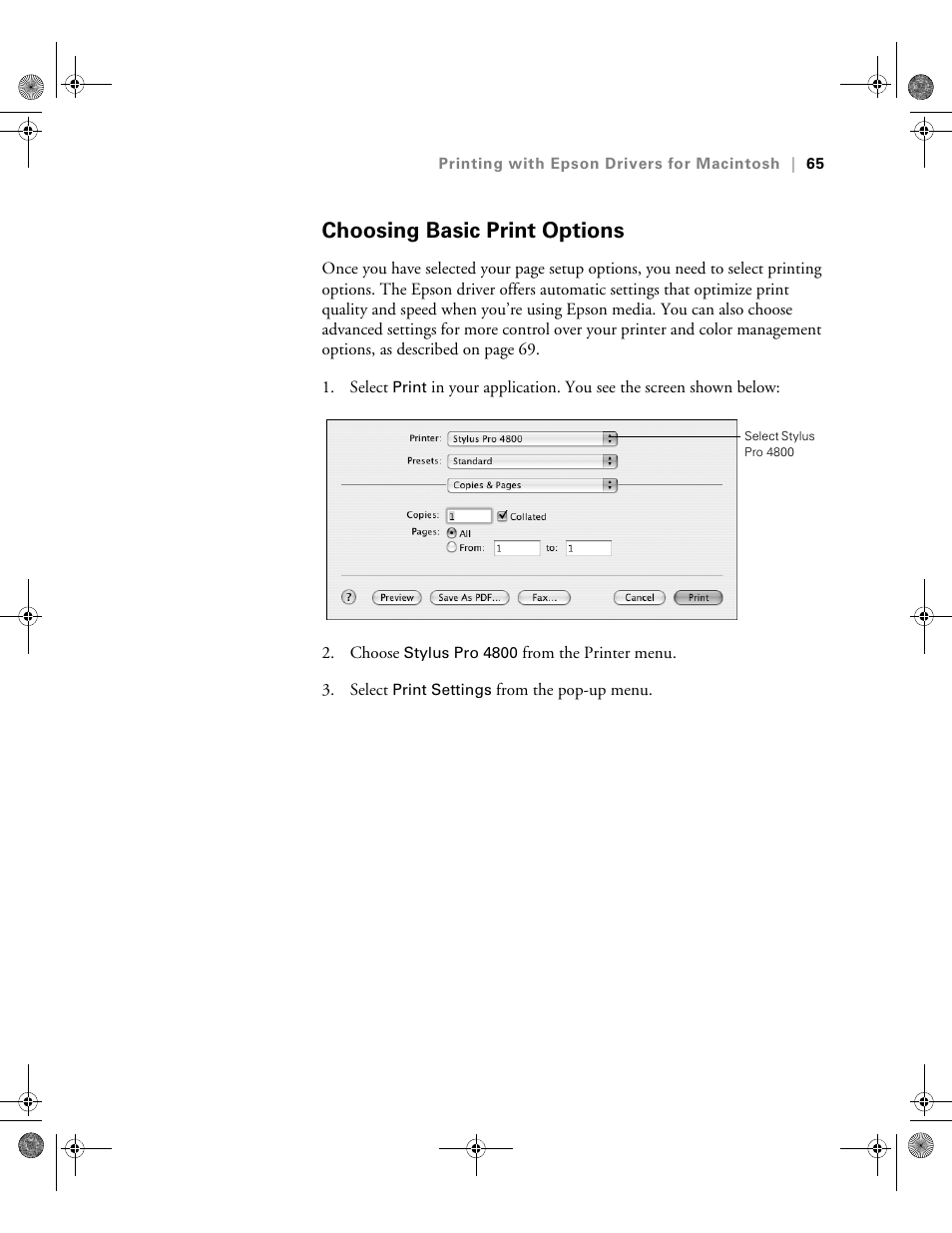 Choosing basic print options | Epson PRO 4800 User Manual | Page 65 / 160