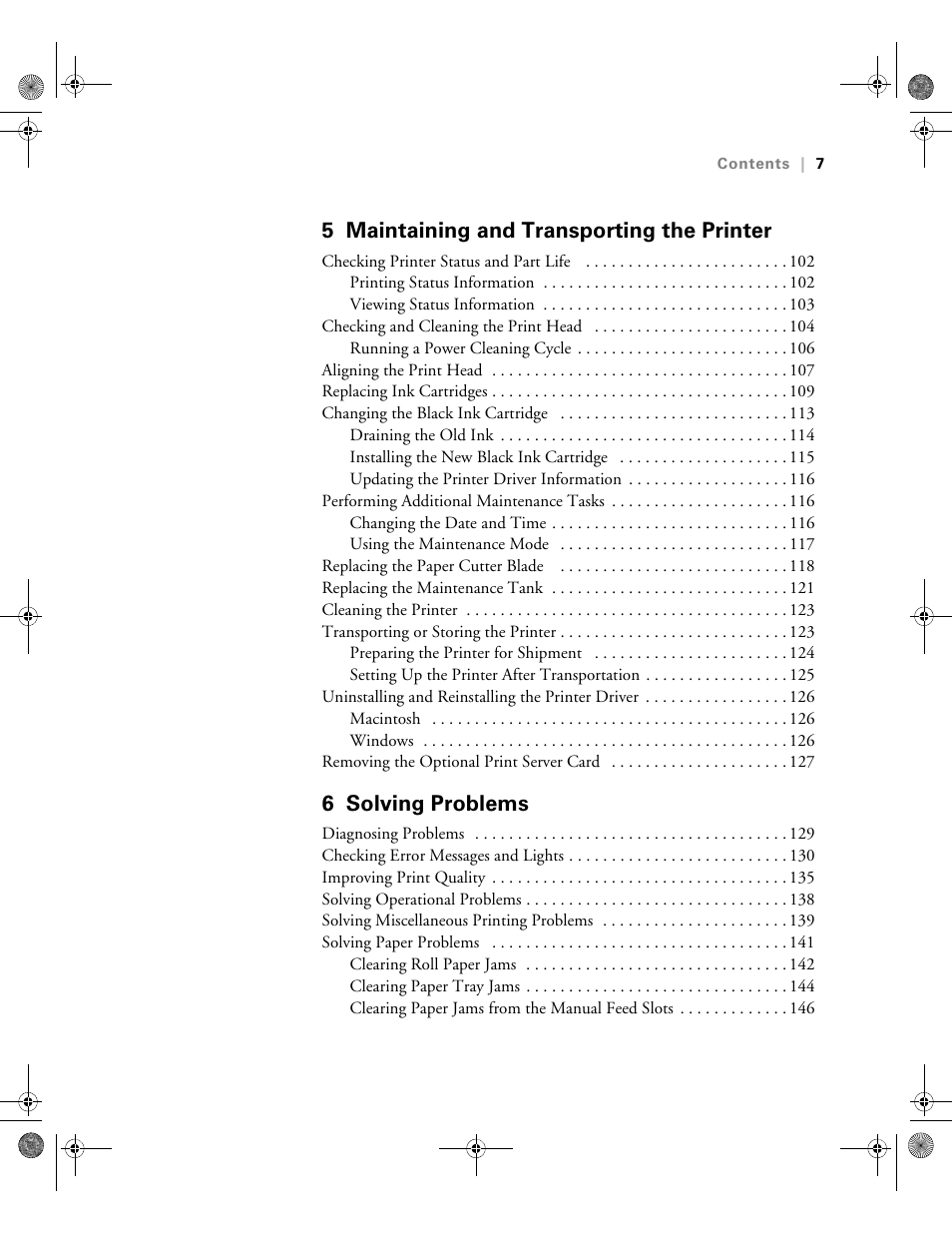 5 maintaining and transporting the printer, 6 solving problems | Epson PRO 4800 User Manual | Page 7 / 160