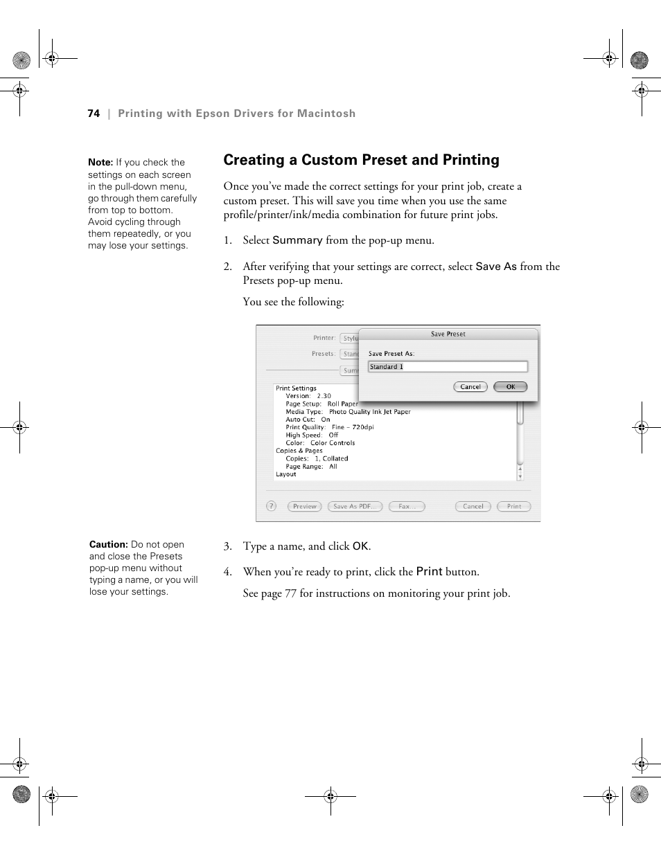 Creating a custom preset and printing | Epson PRO 4800 User Manual | Page 74 / 160