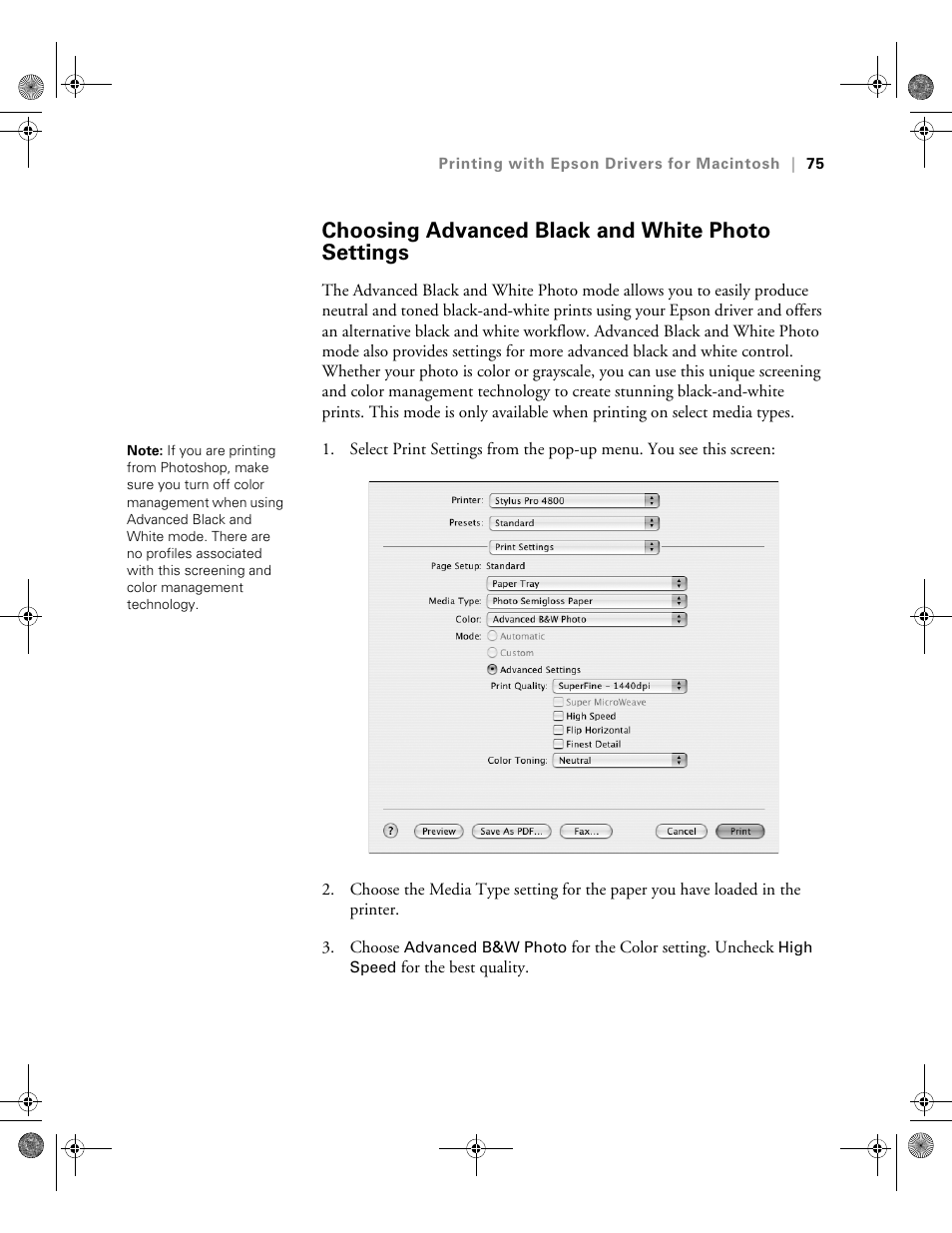 Choosing advanced black and white photo settings | Epson PRO 4800 User Manual | Page 75 / 160