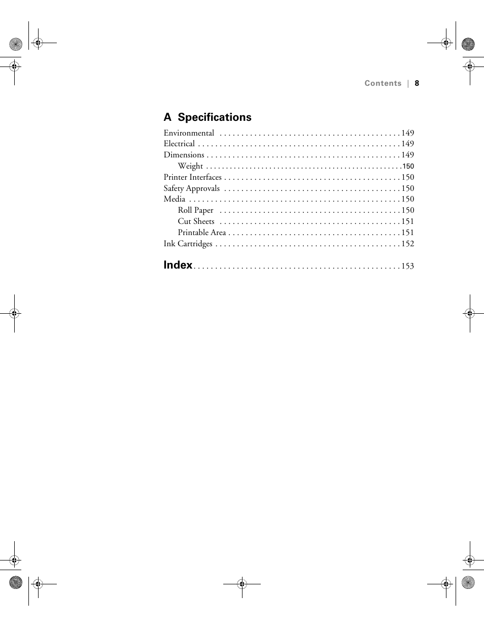 A specifications, Index | Epson PRO 4800 User Manual | Page 8 / 160