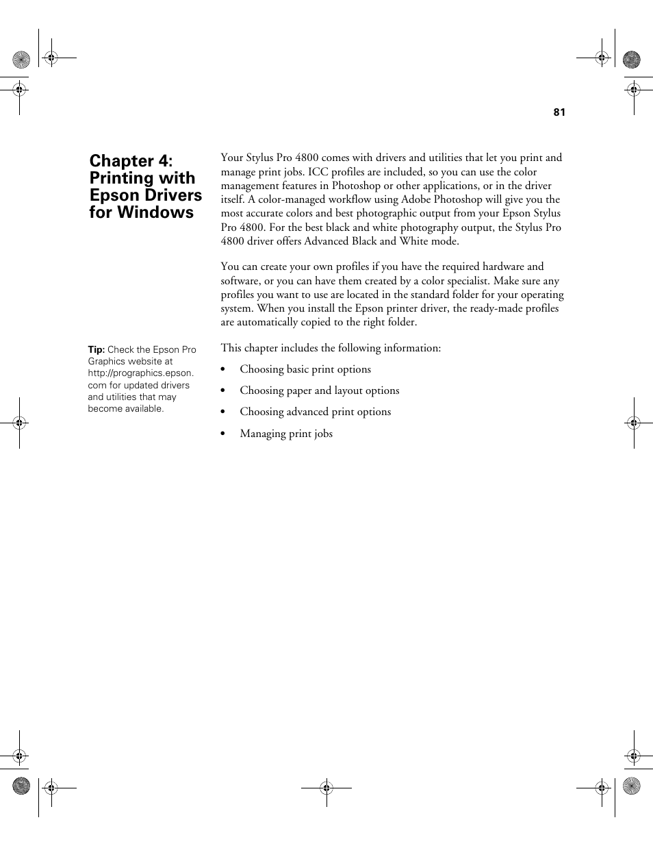 Chap 4-printing with epson drivers for windows, 4 printing with epson drivers for windows, Chapter 4: printing with epson drivers for windows | Epson PRO 4800 User Manual | Page 81 / 160