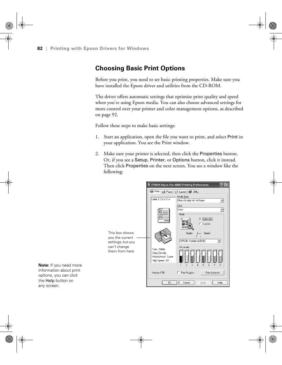 Choosing basic print options | Epson PRO 4800 User Manual | Page 82 / 160