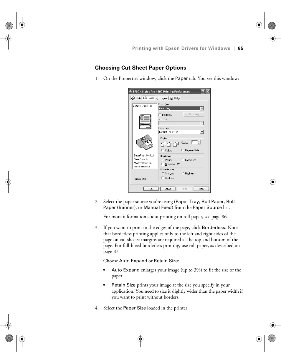 Choosing cut sheet paper options | Epson PRO 4800 User Manual | Page 85 / 160