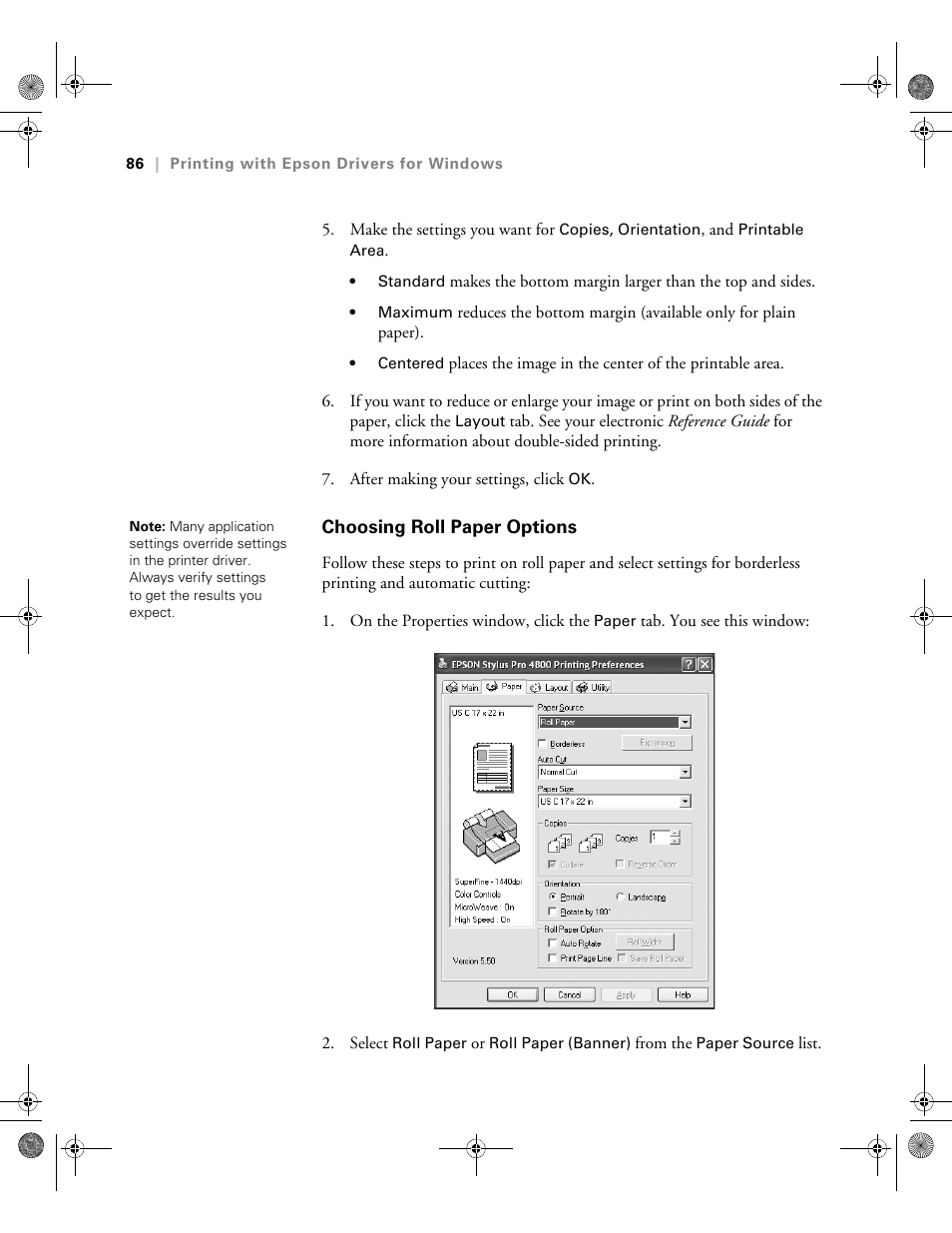 Choosing roll paper options | Epson PRO 4800 User Manual | Page 86 / 160