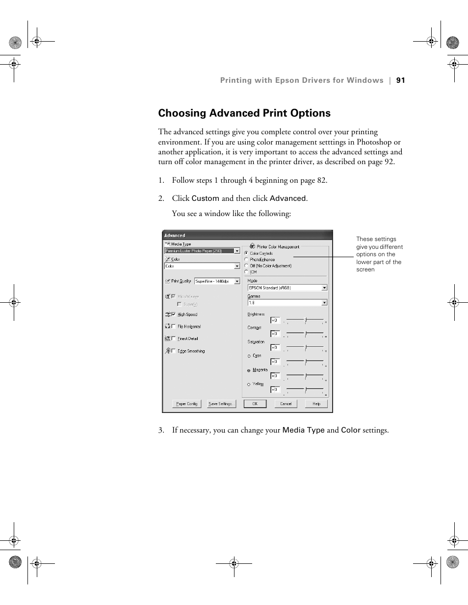 Choosing advanced print options | Epson PRO 4800 User Manual | Page 91 / 160