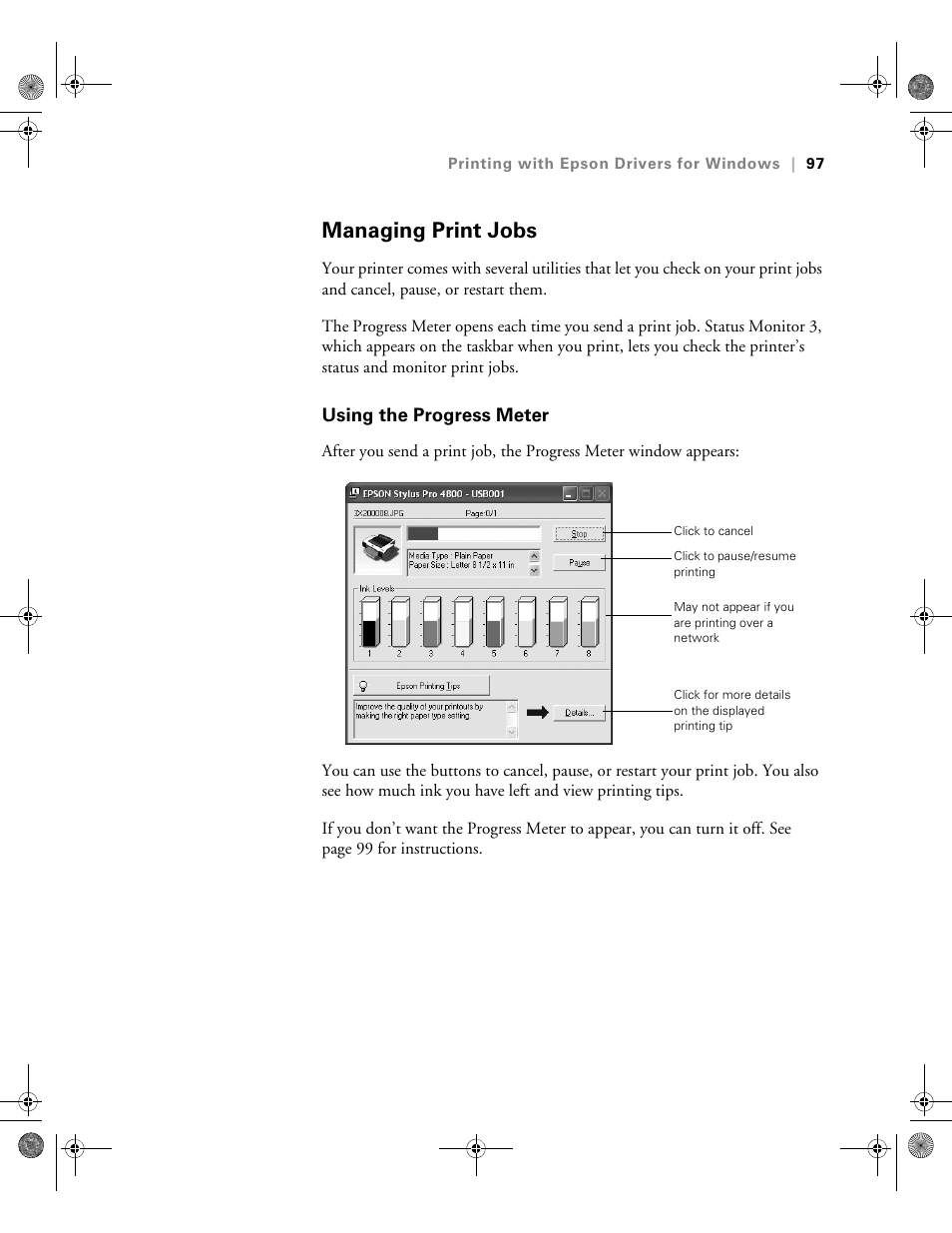 Managing print jobs, Using the progress meter | Epson PRO 4800 User Manual | Page 97 / 160