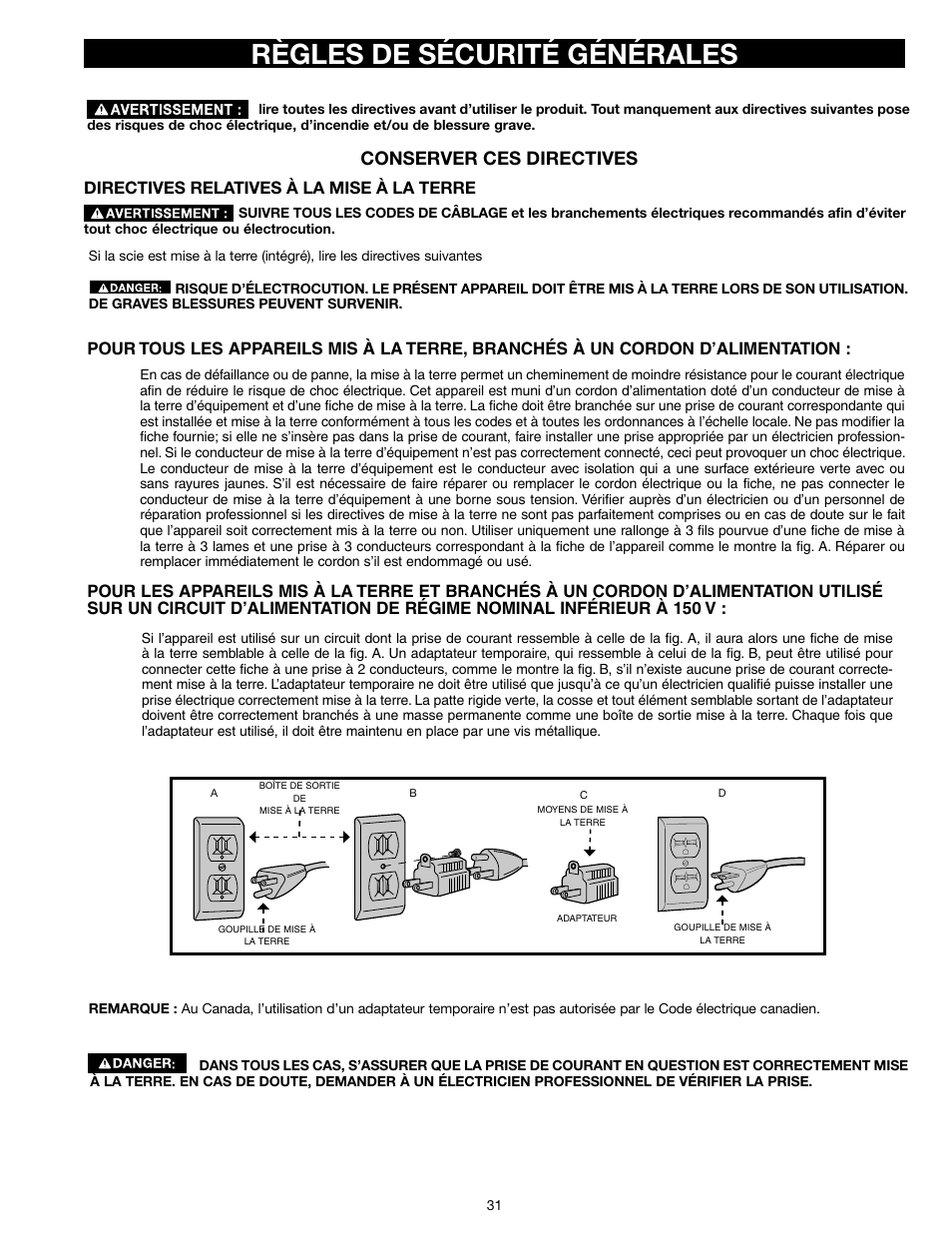 Règles de sécurité générales, Conserver ces directives, Directives relatives à la mise à la terre | Epson RS830 User Manual | Page 31 / 88