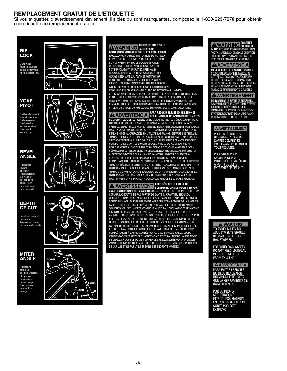 Remplacement gratuit de l'étiquette, Rip lock, Yoke pivot | Bevel angle, Depth of cut, Miter angle | Epson RS830 User Manual | Page 56 / 88