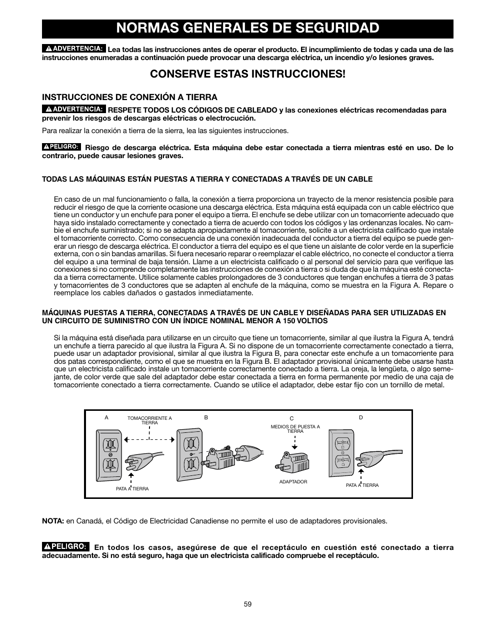 Normas generales de seguridad, Conserve estas instrucciones, Instrucciones de conexión a tierra | Epson RS830 User Manual | Page 59 / 88