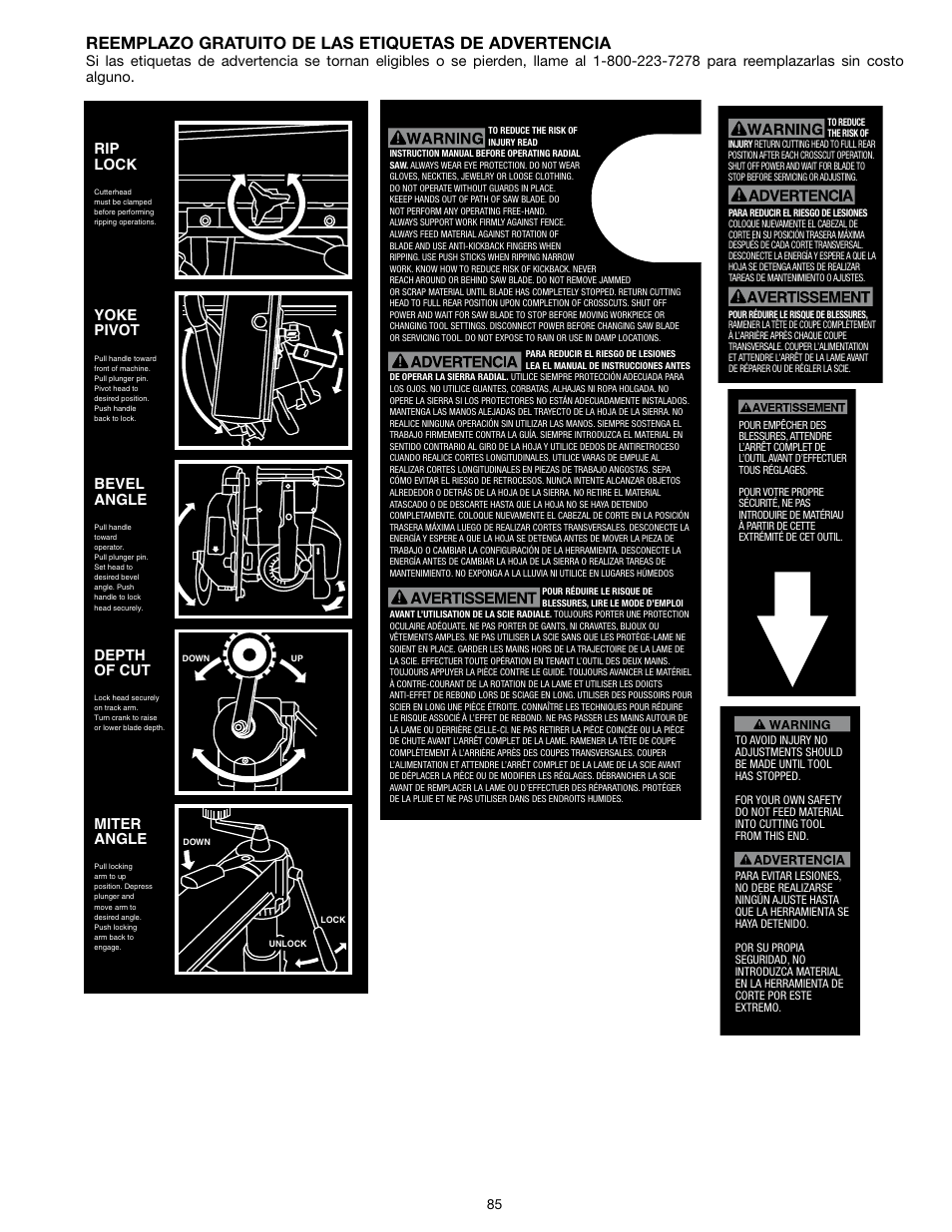 Reemplazo gratuito de las etiquetas de advertencia, Rip lock, Yoke pivot | Bevel angle, Depth of cut, Miter angle | Epson RS830 User Manual | Page 85 / 88