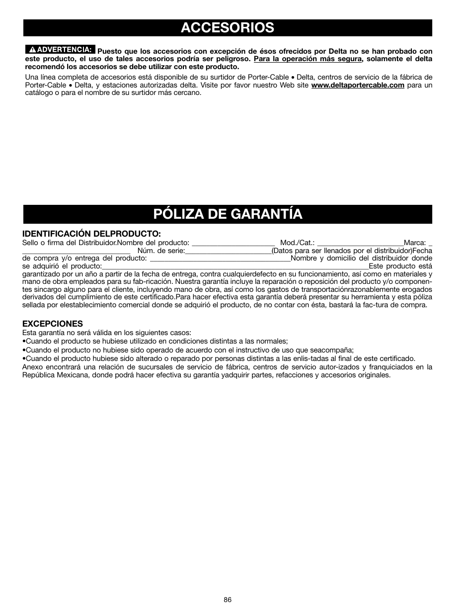 Accesorios, Póliza de garantía | Epson RS830 User Manual | Page 86 / 88