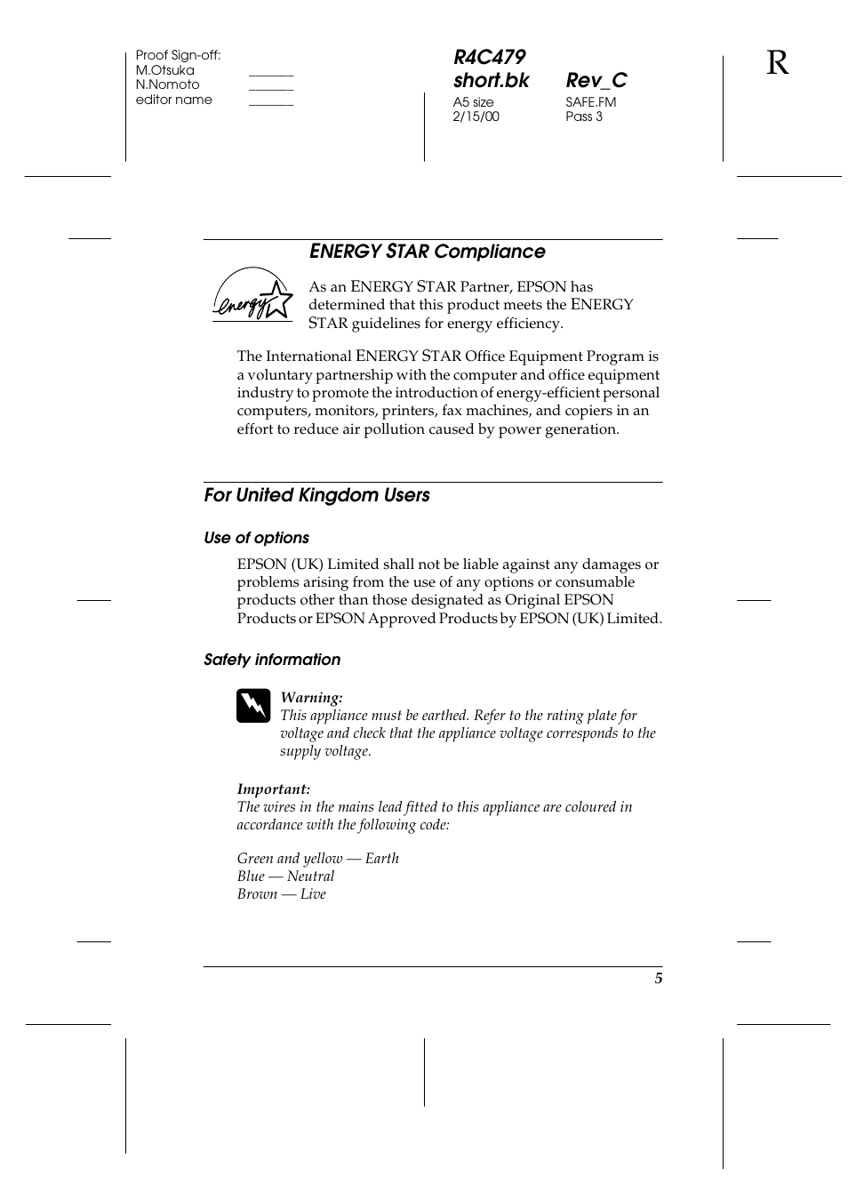 Energy star compliance, For united kingdom users, Use of options | Safety information, Energy star compliance for united kingdom users, R4c479 short.bk rev_c | Epson 1270 User Manual | Page 11 / 83
