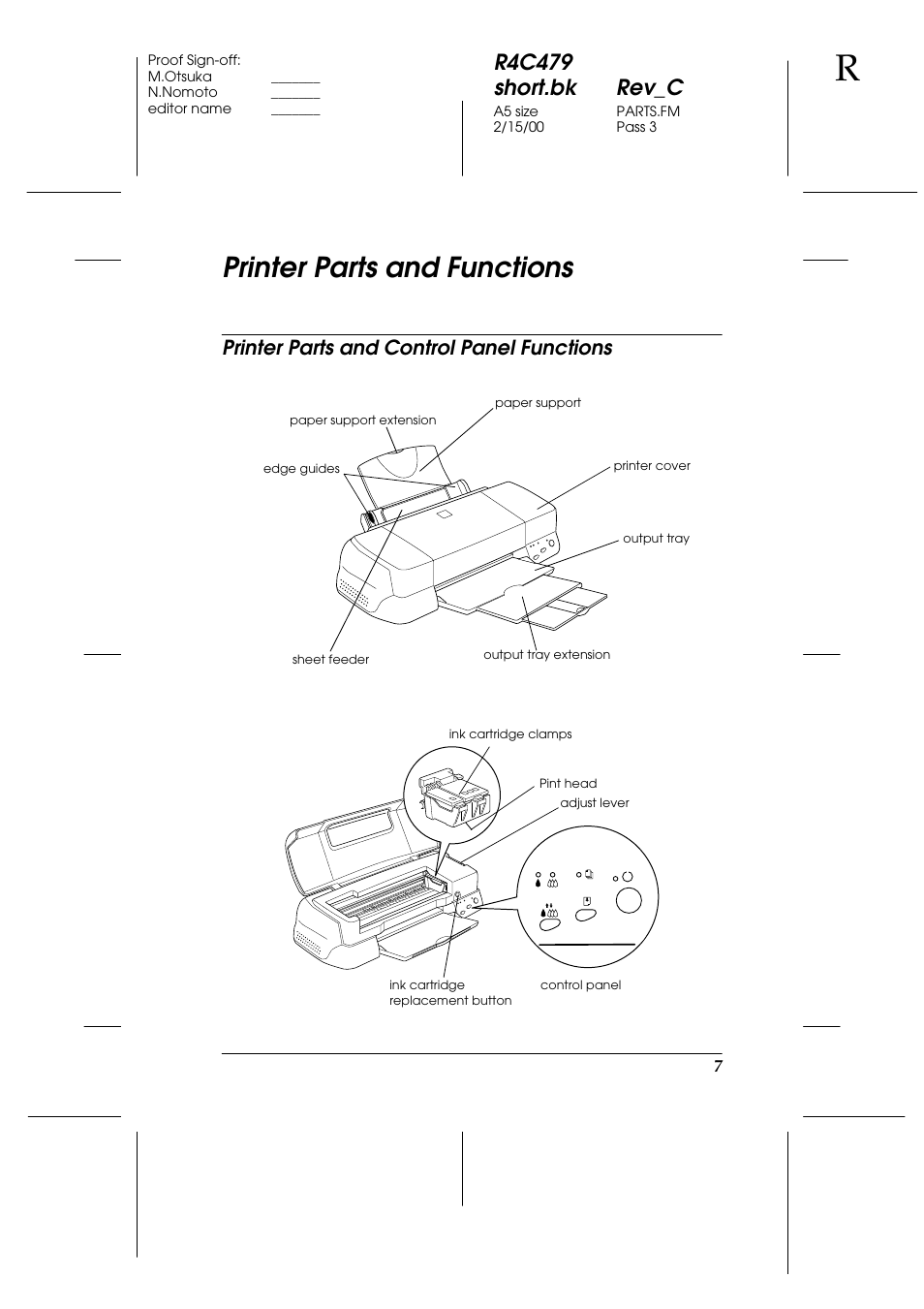 Printer parts and functions, Printer parts and control panel functions, R4c479 short.bk rev_c | Epson 1270 User Manual | Page 13 / 83