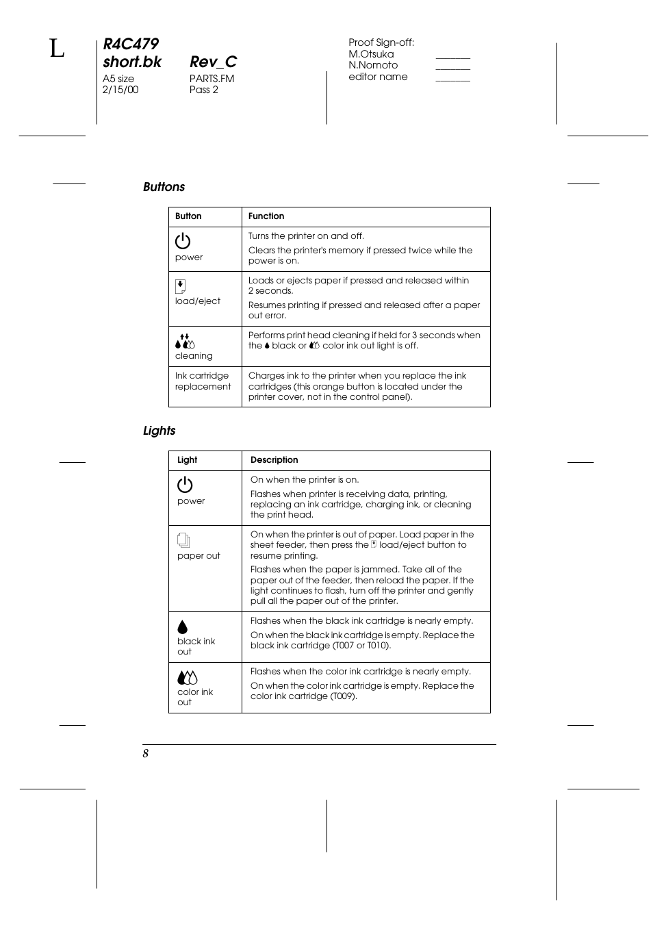 Buttons, Lights, R4c479 short.bk rev_c | Epson 1270 User Manual | Page 14 / 83