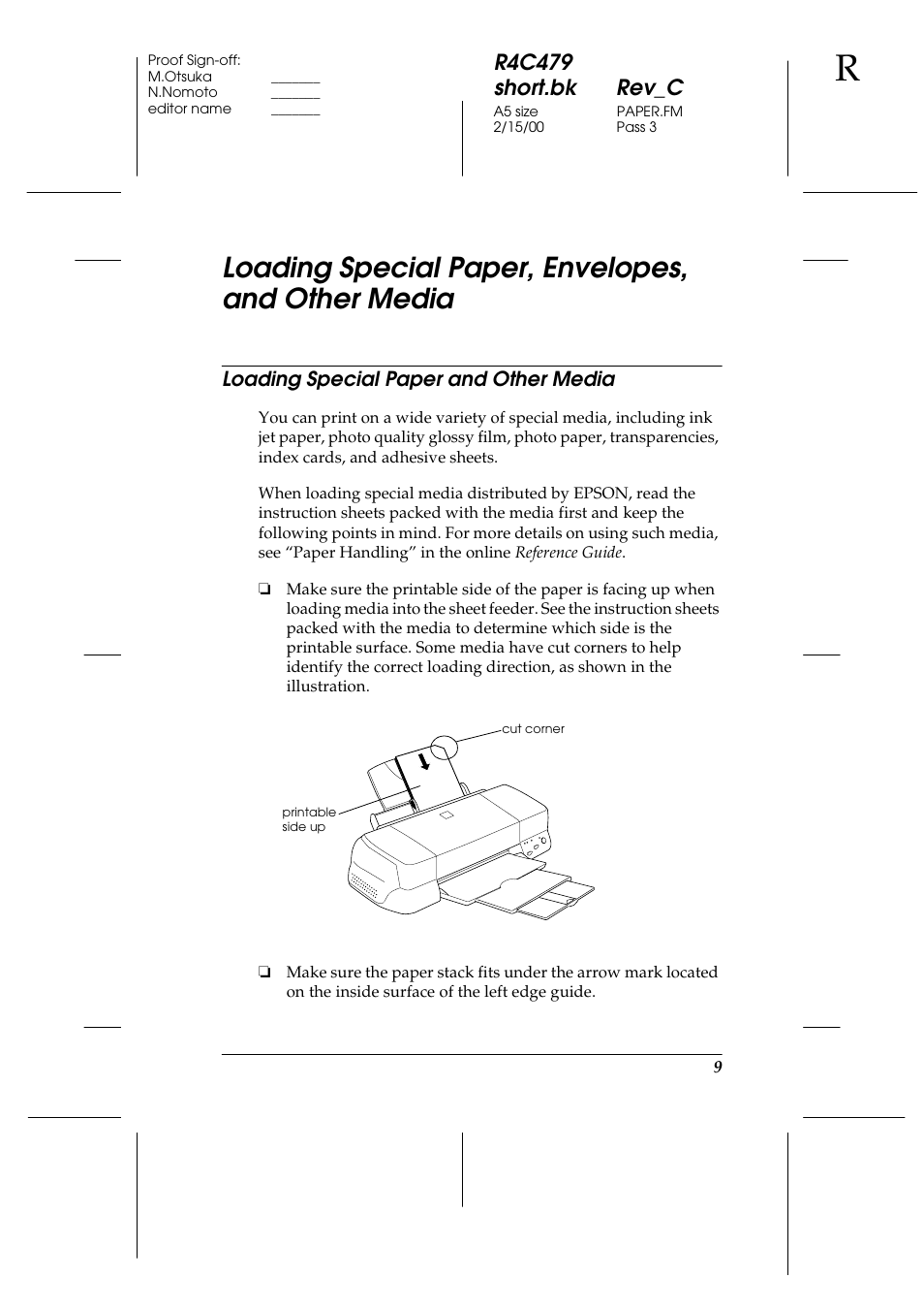 Loading special paper, envelopes, and other media, Loading special paper and other media, R4c479 short.bk rev_c | Epson 1270 User Manual | Page 15 / 83
