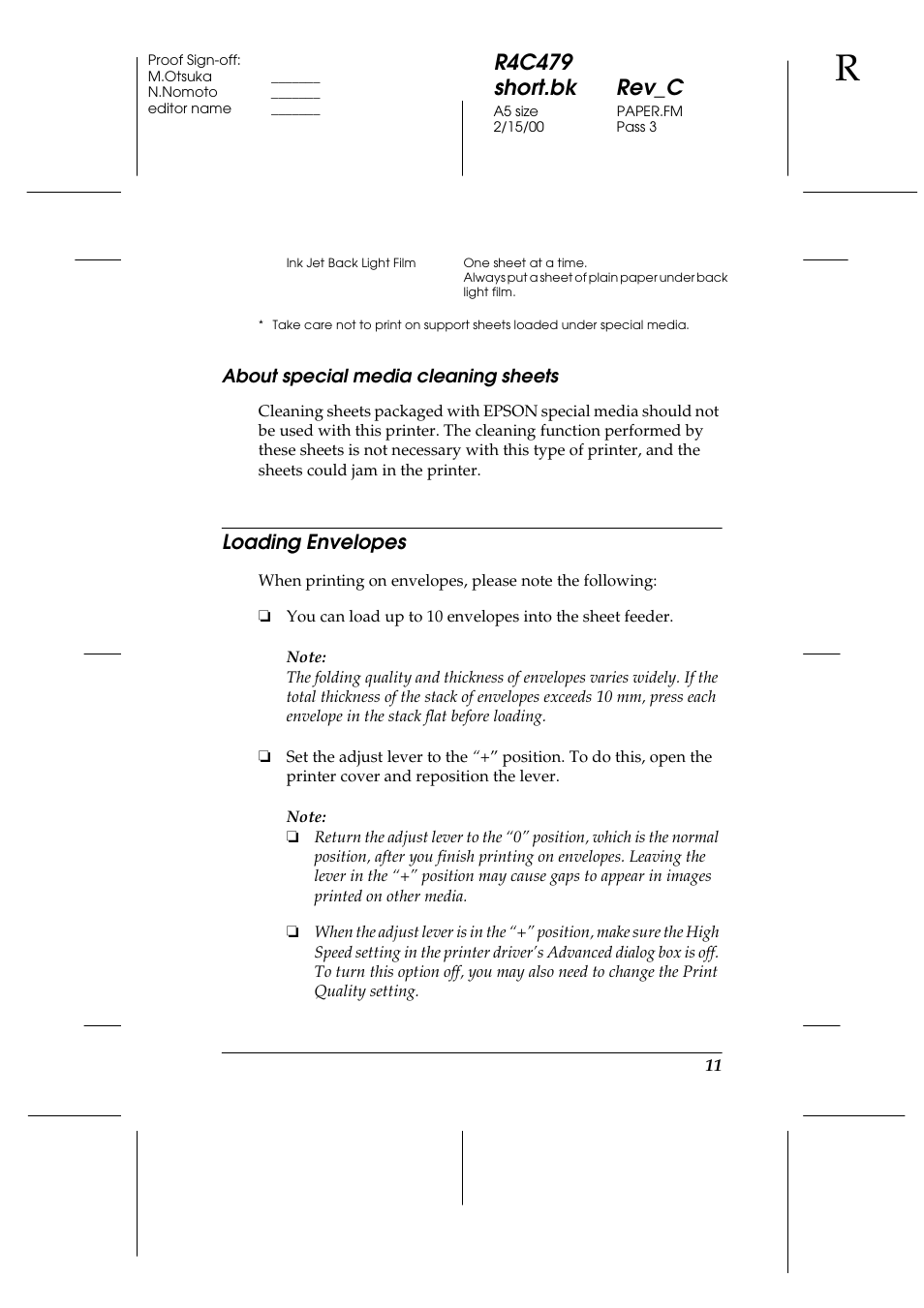 About special media cleaning sheets, Loading envelopes, R4c479 short.bk rev_c | Epson 1270 User Manual | Page 17 / 83