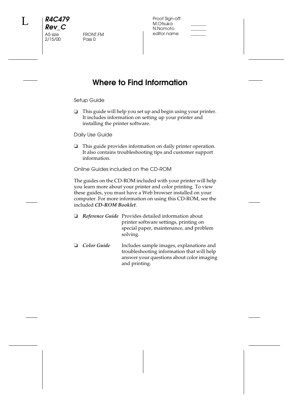 Where to find information, Setup guide, Daily use guide | Online guides included on the cd-rom, R4c479 rev_c | Epson 1270 User Manual | Page 2 / 83