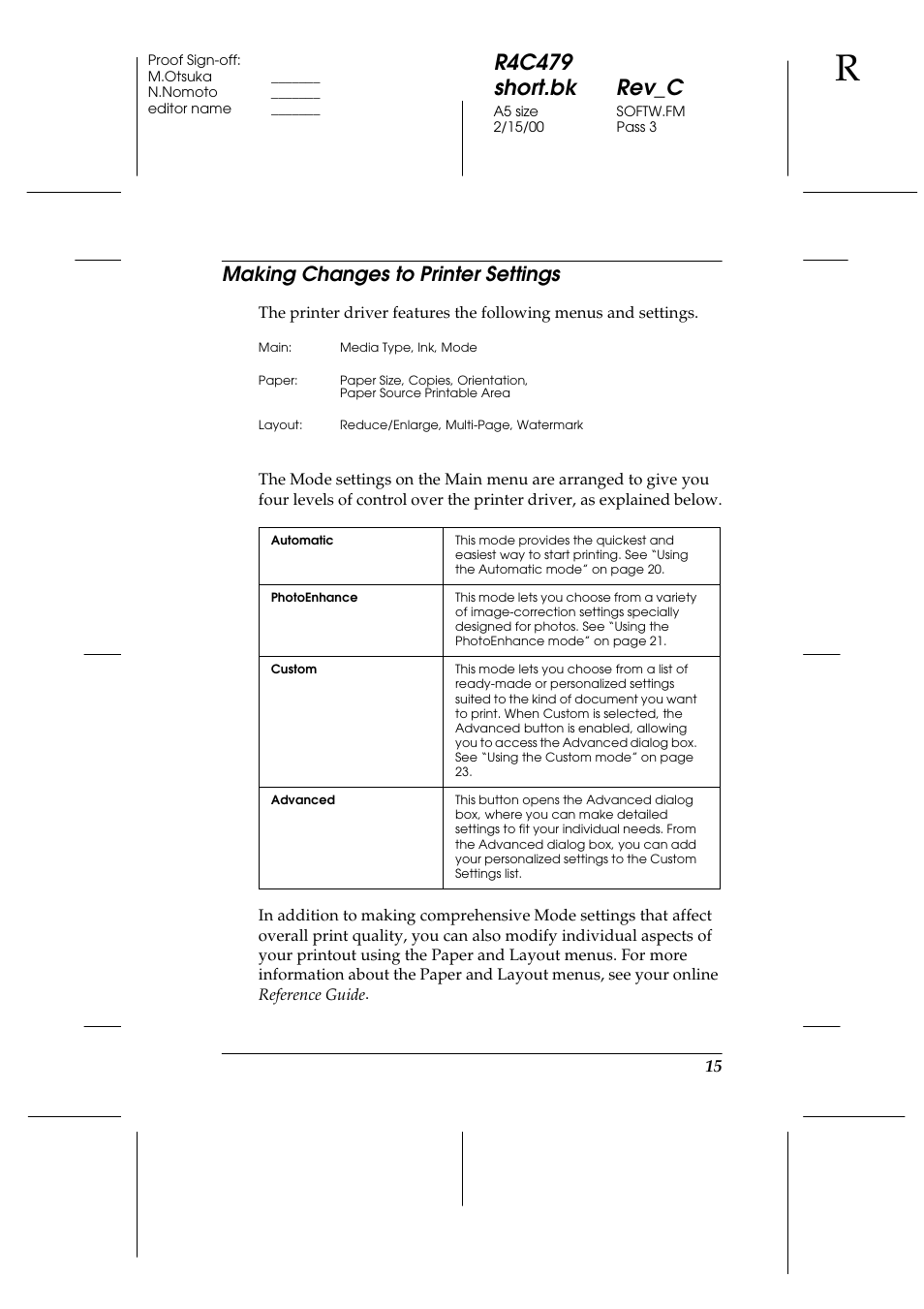 Making changes to printer settings, R4c479 short.bk rev_c | Epson 1270 User Manual | Page 21 / 83