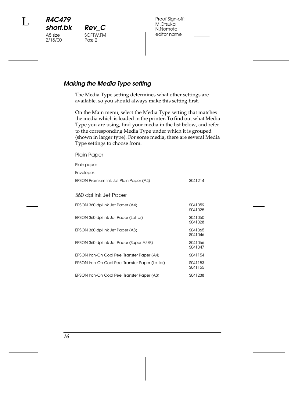 Making the media type setting, Plain paper, 360 dpi ink jet paper | R4c479 short.bk rev_c | Epson 1270 User Manual | Page 22 / 83