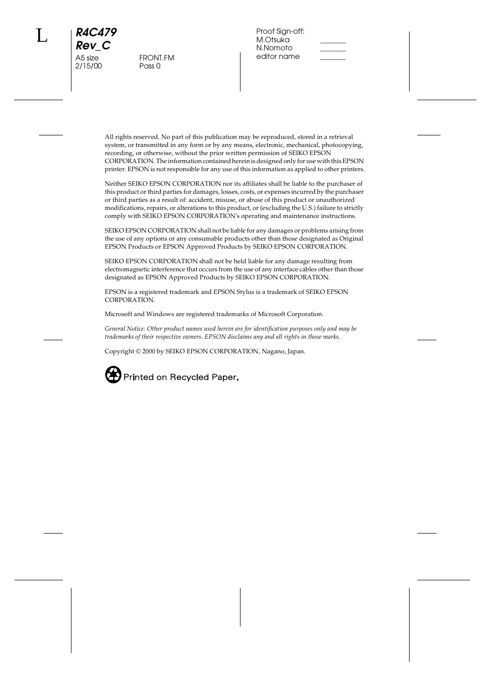 Copyright, R4c479 rev_c | Epson 1270 User Manual | Page 3 / 83