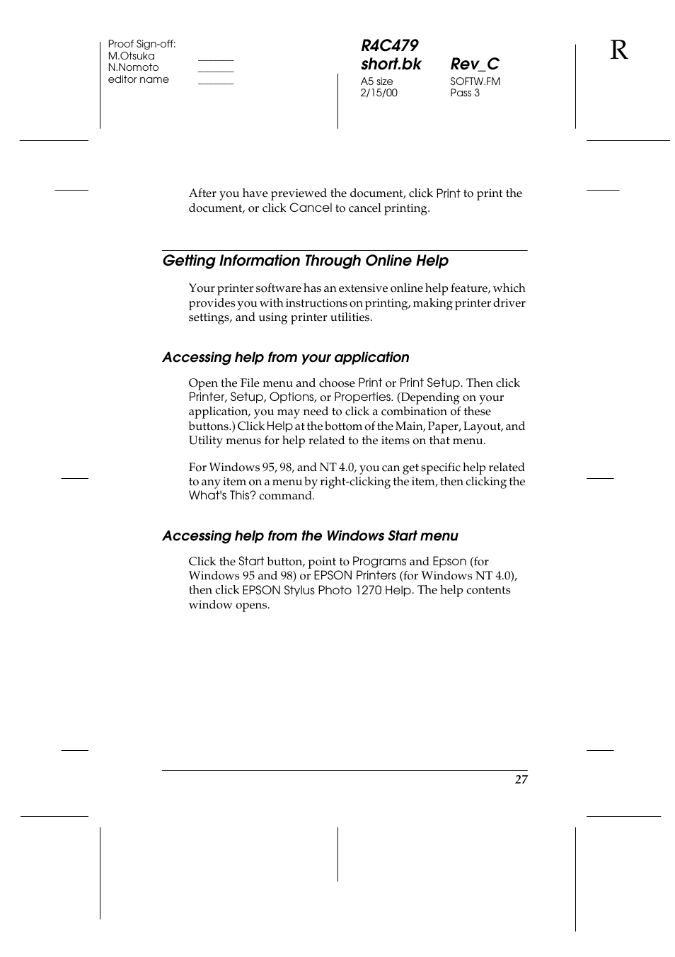 Getting information through online help, Accessing help from your application, Accessing help from the windows start menu | R4c479 short.bk rev_c | Epson 1270 User Manual | Page 33 / 83
