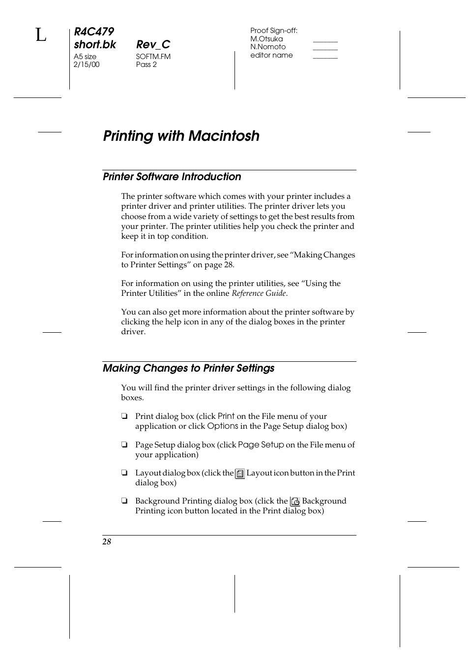 Printing with macintosh, Printer software introduction, Making changes to printer settings | R4c479 short.bk rev_c | Epson 1270 User Manual | Page 34 / 83