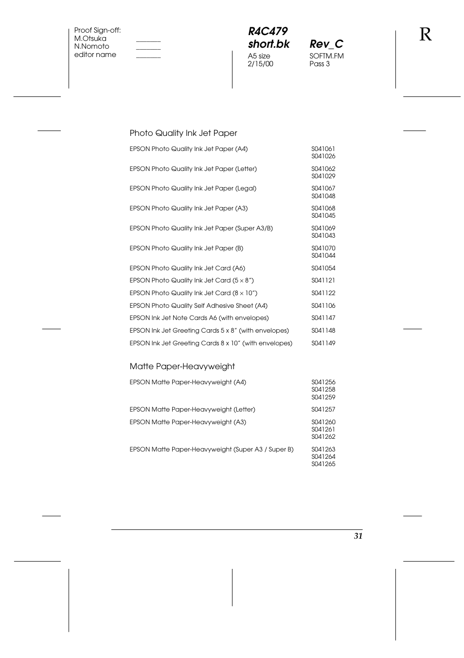 Photo quality ink jet paper, Matte paper-heavyweight, R4c479 short.bk rev_c | Epson 1270 User Manual | Page 37 / 83